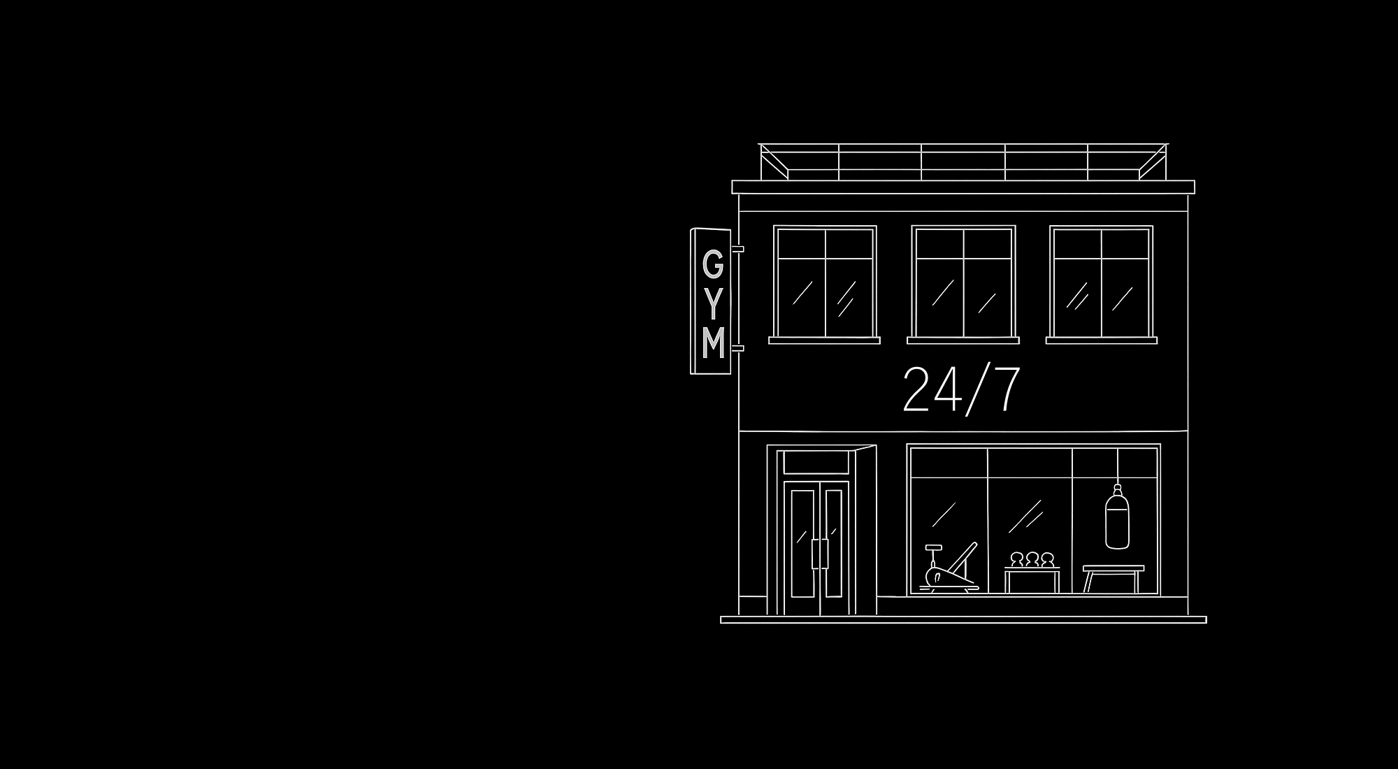 Vektorgrafik / Skizze eines 24/7 GYMs in Frontalansicht 