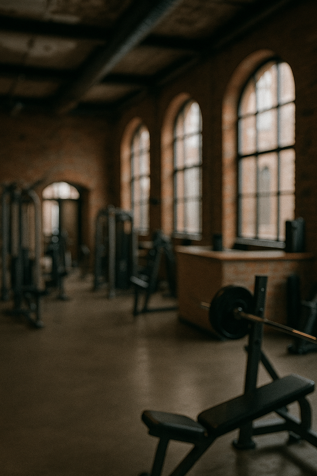 Verpixeltes Bild in hochkant Format eines Freihantel-Bereichs in einer alten Halle