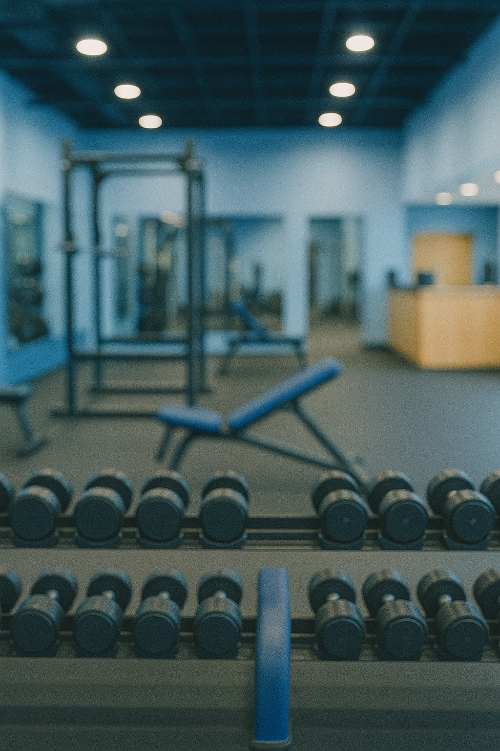 Verpixeltes Bild in hochkant Format eines Freihantel-Bereichs in einem Fitnessstudio