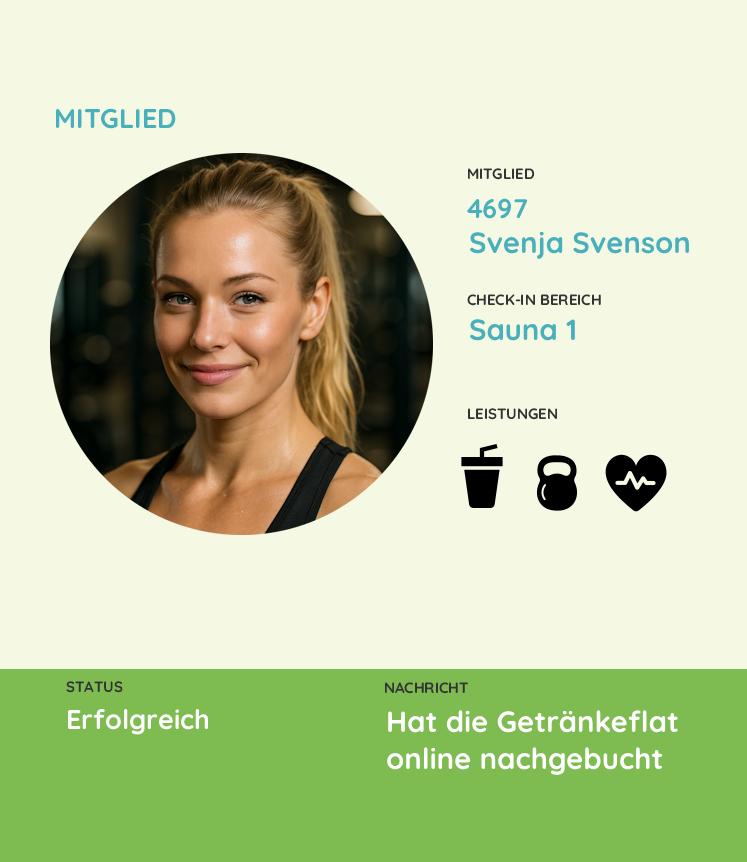 Screenshot eines fiktiven Mitglieds aus dem agilea Check-In Systems 
