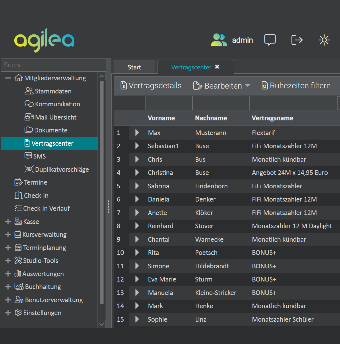 Screenshot des Vertragscenters aus der Fitnessstudiosoftware agilea 
