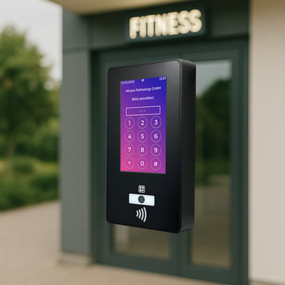Produktfoto eines agilea QR-Code Check-In Readers mit Fitnessstudio Eingang im Hintergrund