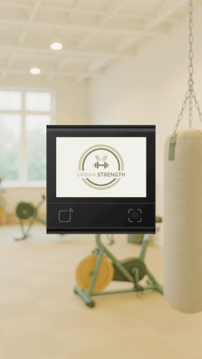 Produkt GIF des agilea Go mit Fitnessstudios im Hintergrund