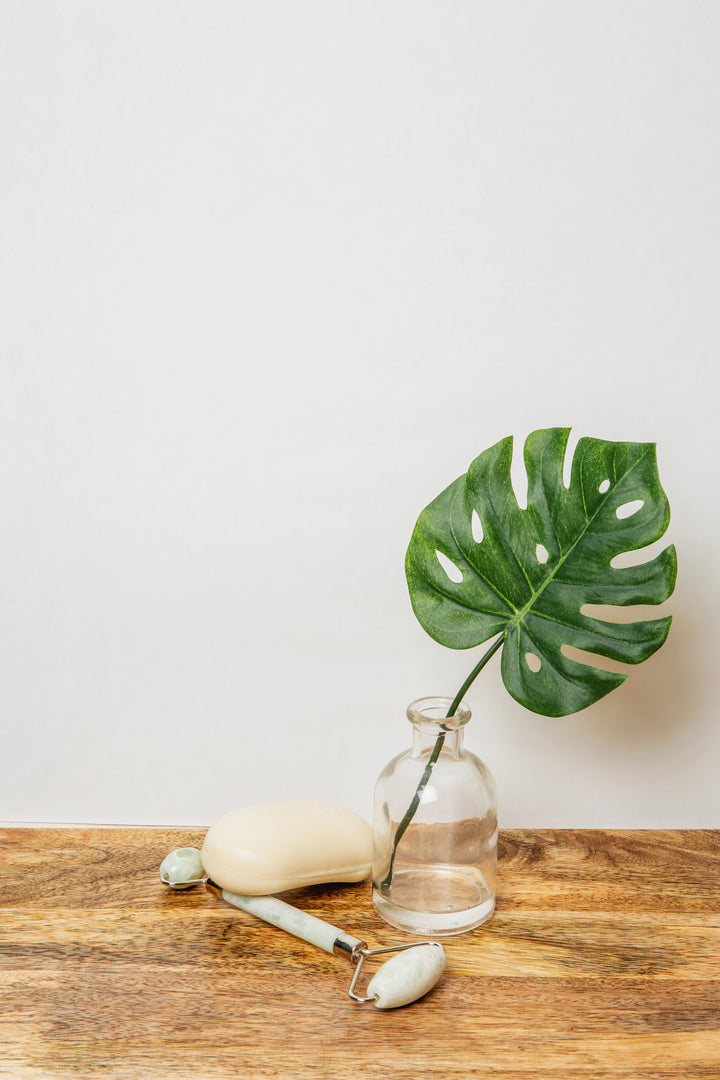 Hochkant Bild, auf welchem eine Monstera im Glas und Beauty-Produkte auf einer Holzoberfläche stehen bzw. liegen 